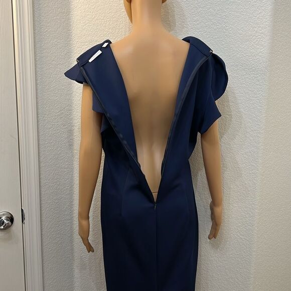 New York & Company Dress Large V Neck Flutter Sleeve Midi Navy Blue Zipper Back - Picture 8 of 12